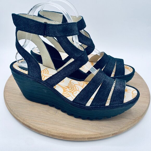 Fly London Yeba Sandals Womens 7.5 38 Black Leather Strappy Wedge Peep Shiny - Picture 1 of 12